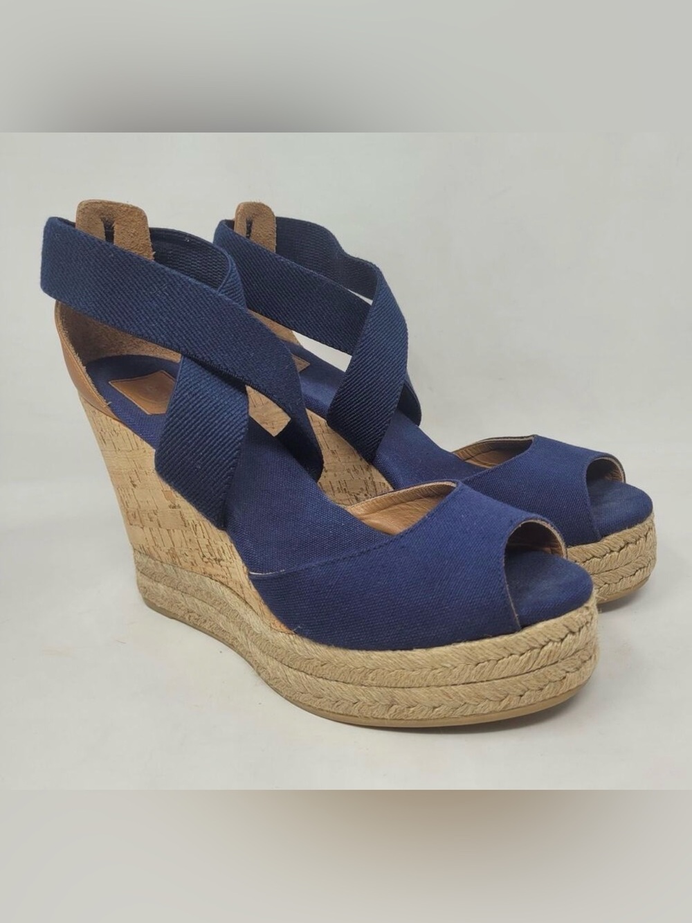 Tory Burch Navy Canvas Espadrille Wedge Sandals Cork Criss Cross Peep Toe